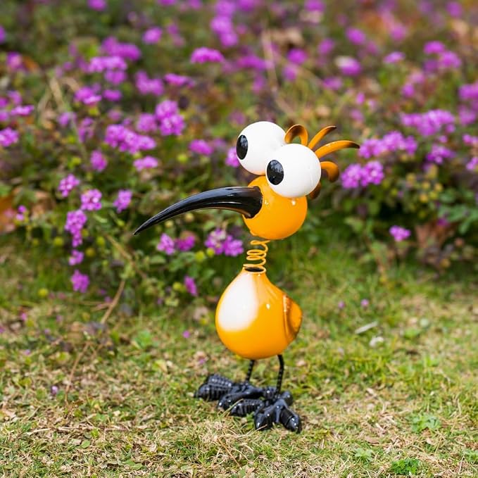 Yellow Big Eyes Bird Metal Garden Statues Yard Decorations Outdoor,13" Bird Decor Yard Statue Decorations Outdoor,Gardening Present for Women for Housewarming