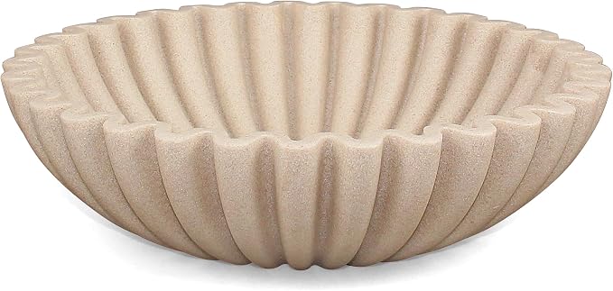 LIN CHUAN Ruffle Decorative Bowl, Large Fruit Bowl for Kitchen Counter, Stylish Key Bowl for Entry Table, Handcrafted Home Decor Display bowl, Artificial Stone Beige