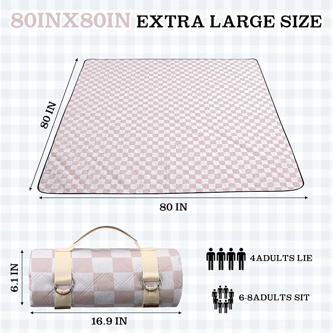 Nuanchu Checkered Picnic Blanket Extra Large Outdoor Blanket Sandproof 80"x80" Waterproof Portable Machine Washable 3 Layer Thick Gingham Picnic Mat for Beach Camping Park Grass Travel (Brown)