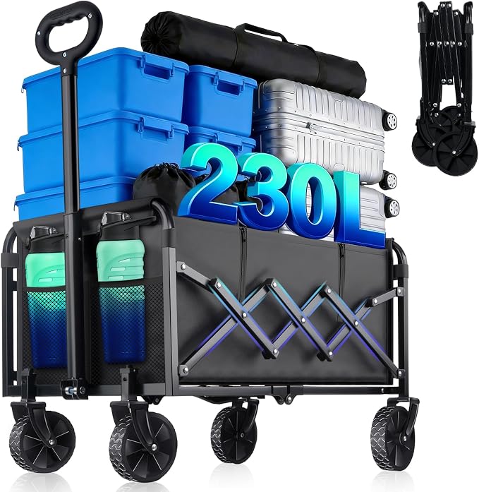 500LBS Collapsible Wagon Cart Foldable - 230L Large Heavy Duty Utility Cart with 360°Swivel Brake Wheels, Lightweight Collapsible Wagon for Groceries Camping & Beach