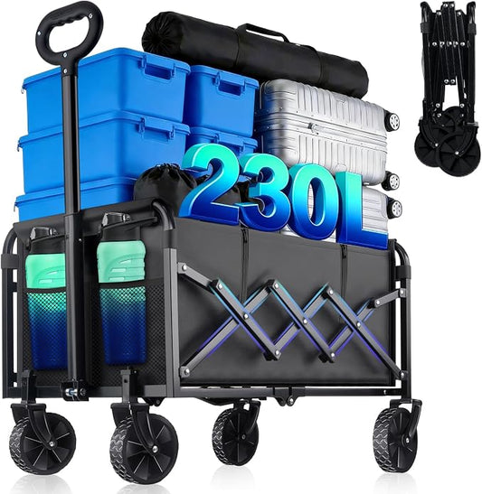 500LBS Collapsible Wagon Cart Foldable - 230L Large Heavy Duty Utility Cart with 360°Swivel Brake Wheels, Lightweight Collapsible Wagon for Groceries Camping & Beach