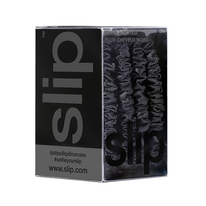 Slip Silk Hair Ties — Skinny Silk Black Scrunchies, No Damage, No Crease, Anti-Breakage |100% Mulberry Silk | All Hair Types | Made with Proprietary Slipsilk™ | Set of 4