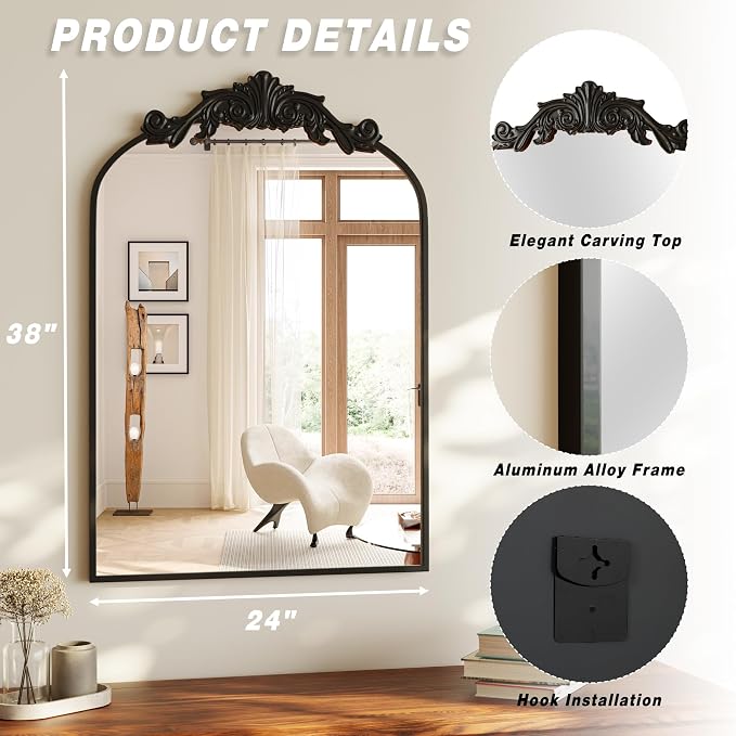 Vintage Arched Bathroom Mirror 24x36 Inch Retro Wall Matte Black | Mounted Vanity Mirror with Carved Pattern Top and Metal Frame, House Decorative Mirror for Hanging or Leaning