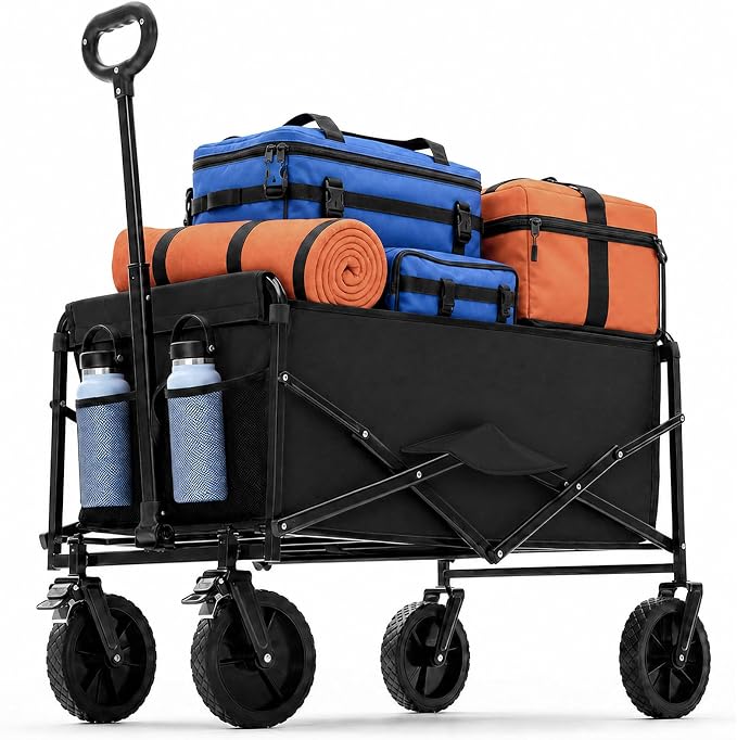 DUMOS Collapsible Wagon Cart, Heavy Duty Foldable Utility Wagon with Lockable Brake Wheels – 330 lbs Capacity, Flexible Handle for Beach, Garden, Sports, Grocery & Camping, Black