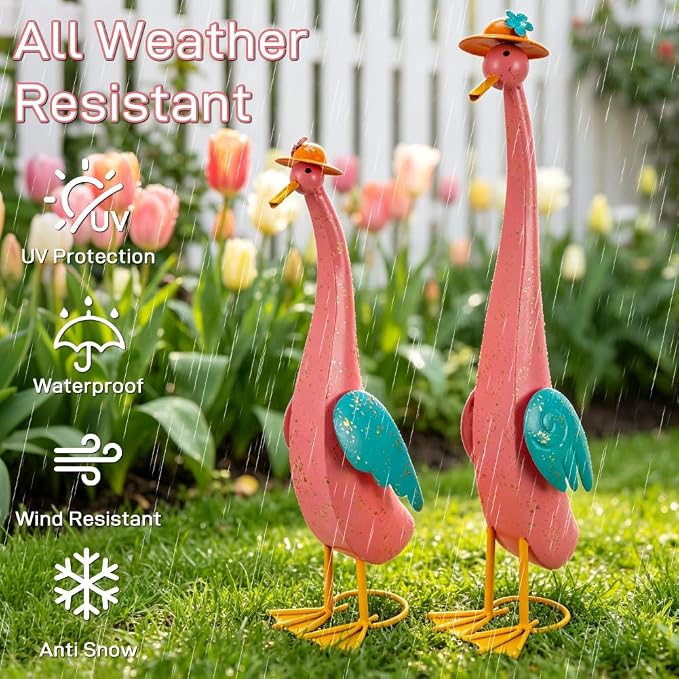22" Duck Garden Statue Set of 2 Metal Ducks | Outdoor Yard Art Porch Animal Figurine Lawn Ornament Rustproof Yard Sculptures for Outside Patio Backyard Decorations