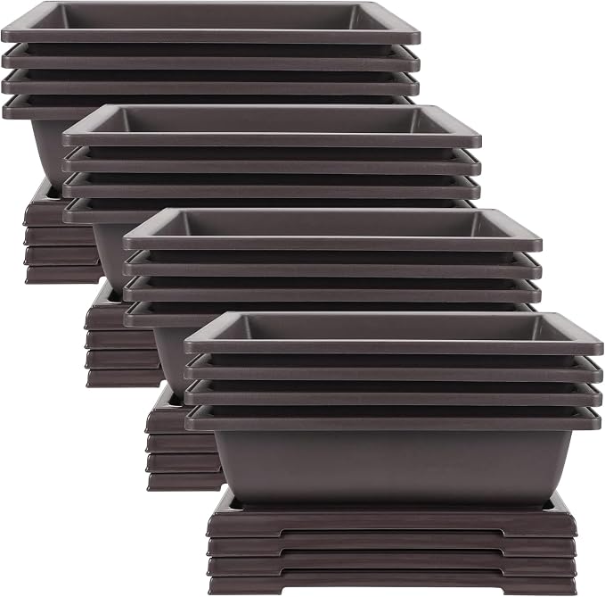 JEUIHAU 16 Pack 9 Inch Bonsai Training Pots with Tray, Rectangular Plant Pot with Drainage Hole, Brown Bonsai Tree Pot, Plastic Bonsai Planter Pots for Succulent, Herb, Flower, Potted Plant