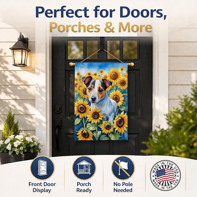 Caroline's Treasures DAC6102CHF Jack Russell Terrier in Sunflowers House Flag Large Porch Sleeve Pole Decorative Outside Yard Banner Artwork Wall Hanging, Polyester, House Size, Multicolor
