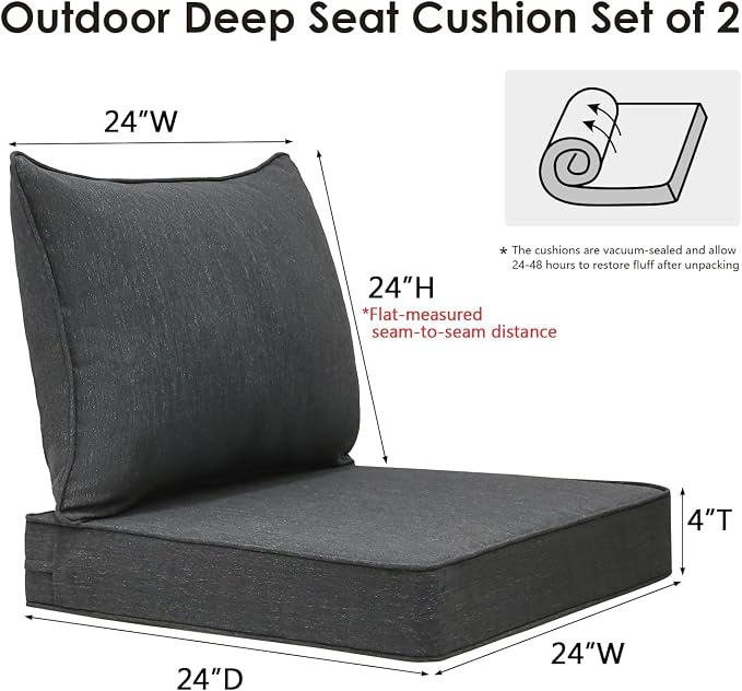 Unimatta Outdoor Patio Chair Cushions Set, 24" x 24"(24x24 Back), Set of 2, Water-Repellent, Fade Resistant, Deep Seat Bottom and Back Cushion for Backyard, Couch, Sofa, Charcoal