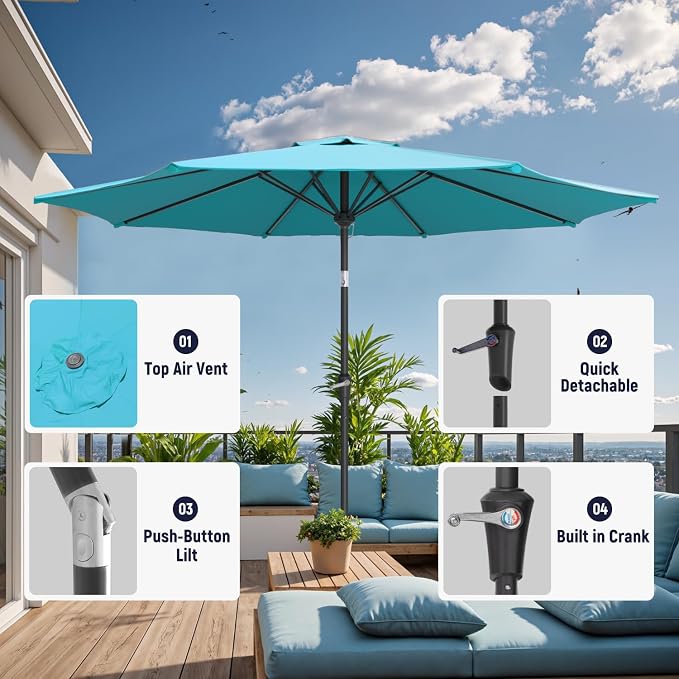 Outdoor Patio Umbrella with One Push Button Tilt and Crank, 8 Sturdy Ribs Market Table Umbrella
