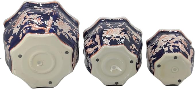 Galt International Blue & Pink Round Fluted Floral Porcelain Ceramic Plant Flower Planter Pot Set of 3 (7.5", 10", 13") Garden Pots Chinese Asian Design