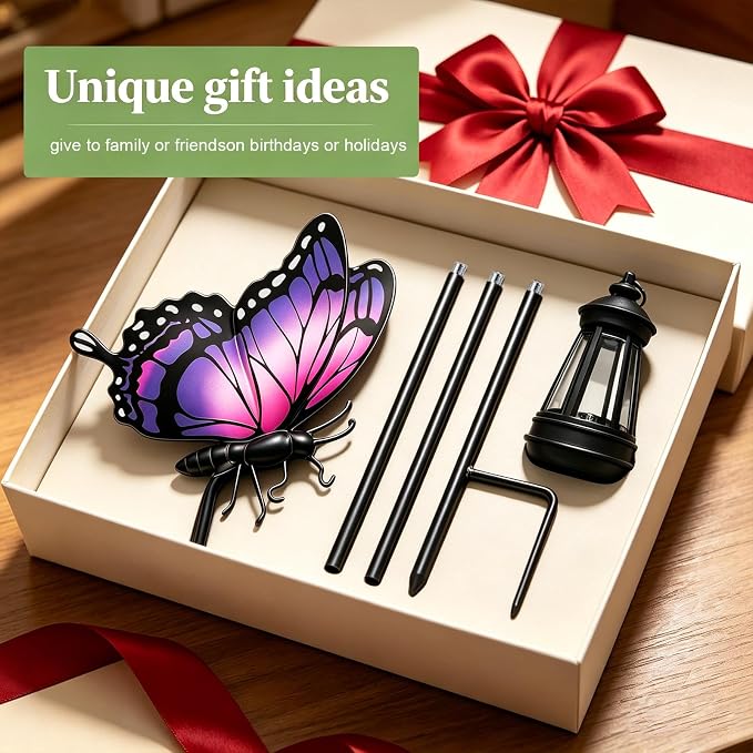 Butterfly Solar Garden Lights Outdoor Waterproof, Gifts for Women Mom Grandma Daughter, Stake Lights with Solar Lantern, Hanging Solar Lights, Solar Path Lights Yard Art Outside Patio Garden Decor