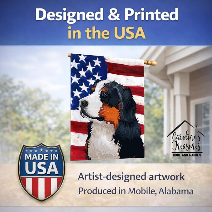 Caroline's Treasures CK6433CHF Bernese Mountain Dog American Flag House Flag Large Porch Sleeve Pole Decorative Outside Yard Banner Artwork Wall Hanging, Polyester, House Size, Multicolor