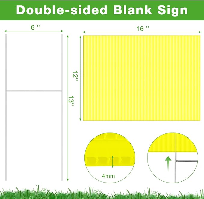 Tuanse 20 Pack Blank Yard Signs with Stakes 16x12 Inch Double Sided Corrugated Plastic Board Custom Lawn Signs for Garage Sale Real Estate Open House Advertising Rent Guidepost Birthday Party(Yellow)