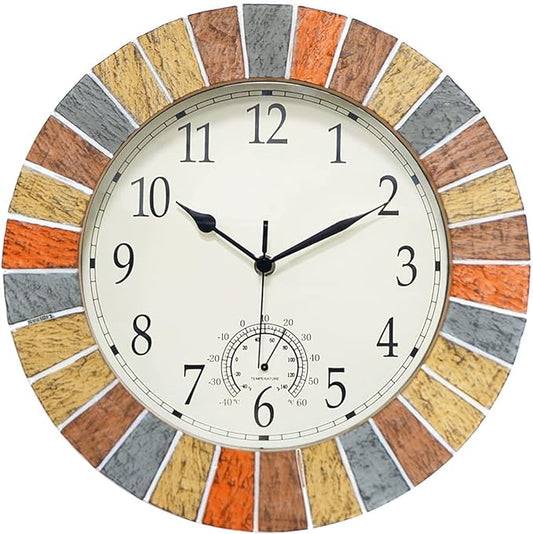 UMEXUS Indoor Outdoor Clock and Thermometer, 13 Inch Large Waterproof Weatherproof Wall Clocks, Retro Silent Non-Ticking Battery Operated Decor for Garden Kitchen Bathroom
