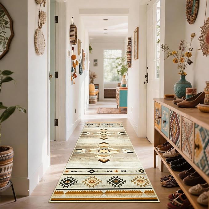 BENRON Western Hallway Runner Rug 2x6, Long Runners for Kitchen,Beige Brown | Southwest aztec Rug, Accent and Tribal Throw Rugs for Bedroom, Washable