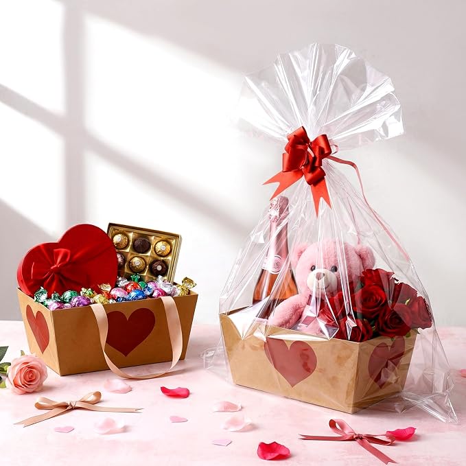 Qinyoung 12 Pcs Red Heart Kraft Baskets for Gifts Empty Red Heart Gift Basket with Handles, Pull Bows, Cellophane Bags and Twist Ties for Teacher Summer Xmas Wedding Party Favor Supplies, 9.8 x 6.5''