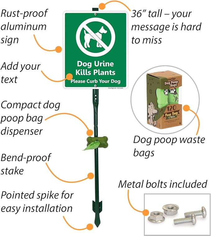 SmartSign Dog Urine Kills Plant Please Curb Your Dog Yard Sign & Clip-On Preloaded Dispenser Combo/Kit with 135 Dog Poop Waste Bags, 10"x12" Rust-proof Aluminum Sign with 3ft Steel Stake