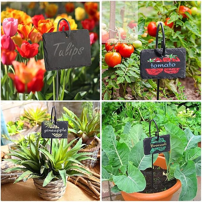 Slate Plant Labels Garden Markers Signs Labels with Stainless Steel Stake & Marker Pen Waterproof Slate Plant Labels for Flowers, Herbs, Potted Plants, Seed (Oval, 5PCS)