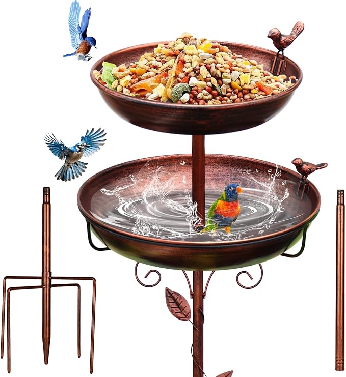 Bird Bath for Outside Bronze 2-in-1 Freestanding Garden Birdbath | Metal bird bath with floral scroll 5-Pronged Base Deep large bowl for birds drinking & bathing Yard patio landscape decor