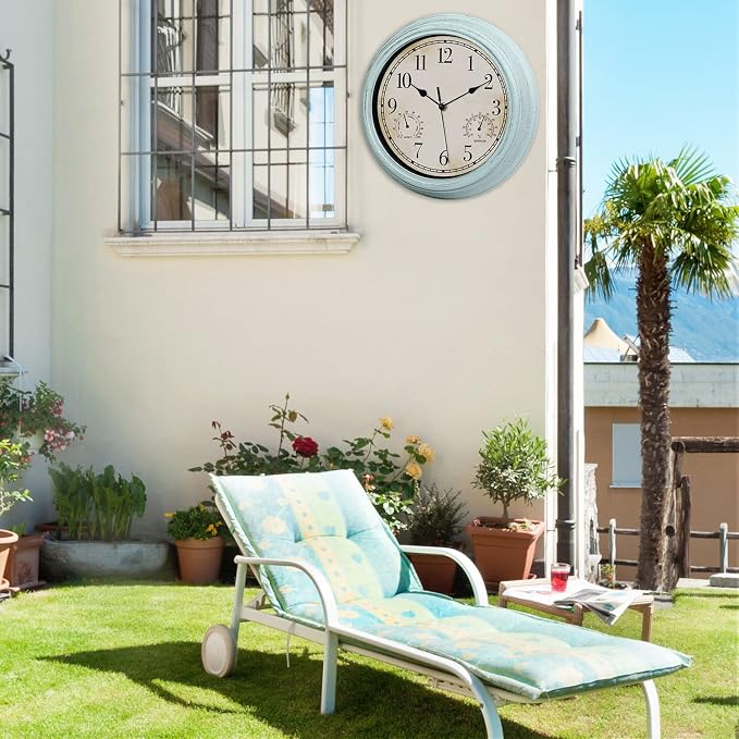 12 Inch Indoor Outdoor Retro Waterproof Wall Clock with Thermometer and Hygrometer, Battery Operated Quartz Round Wall Clock Silent Non Ticking Home Decor,Blue