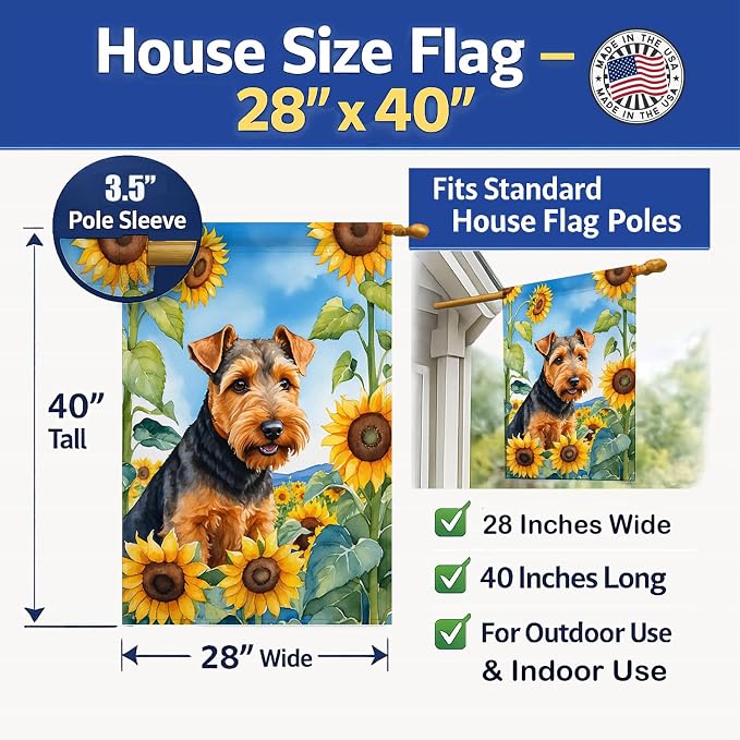 Caroline's Treasures DAC6172CHF Welsh Terrier in Sunflowers House Flag Large Porch Sleeve Pole Decorative Outside Yard Banner Artwork Wall Hanging, Polyester, House Size, Multicolor