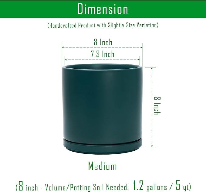D'vine Dev 8 Inch Ceramic Planter Pot with Drainage Hole and Saucer, Indoor Cylinder Round Planter Pot, Teal, 94-O-D-9