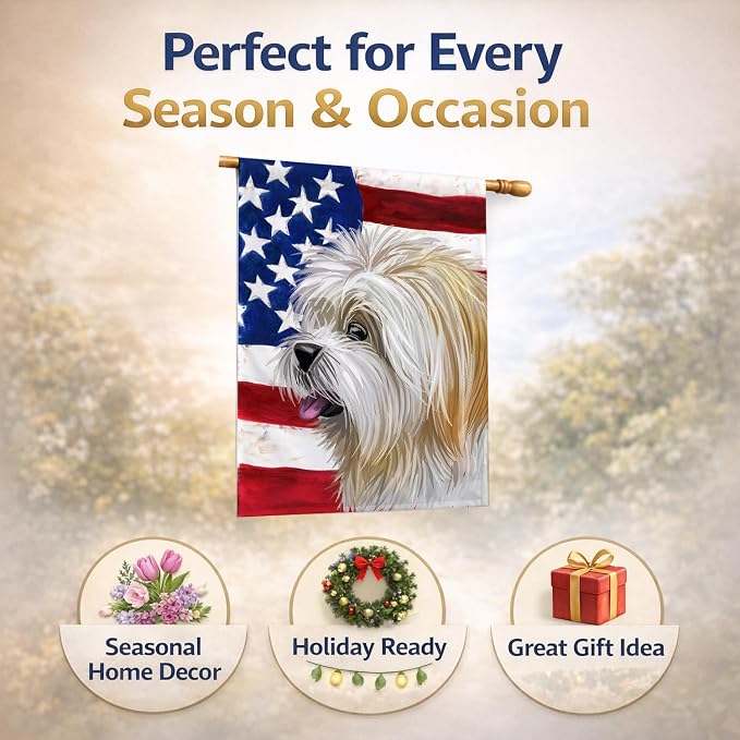 Caroline's Treasures CK6607CHF Lhasa Apso American Flag House Flag Large Porch Sleeve Pole Decorative Outside Yard Banner Artwork Wall Hanging, Polyester, House Size, Multicolor