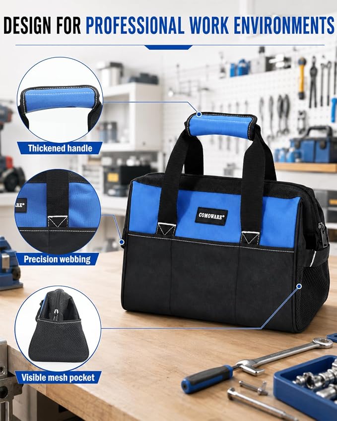 COMOWARE 13-Inch Tool Bag, Zip-top Wide Mouth Open top Tool Bag, Large Capacity Tool Organizer with Inside Pockets, Blue Tool Tote Bag for Carpenter, Mechanic and Home Repair