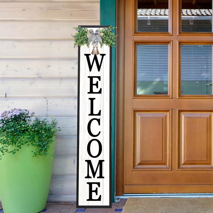 Welcome Sign for Front Porch Standing 45"X9" Large Vertical Farmhouse Outside Front Door Sign Leaner Tall Vintage Outdoor Wreath Patio Garden Wood Framed Decorations (Black)