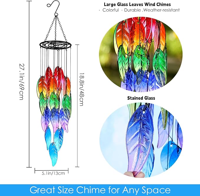 Stained Glass Leaf Wind Chimes - Hand-Painted Glass Leaves Suncatcher for Window, Outdoor Garden Decor, Colorful Leaf Ornaments Hanging Wall Art for Patio, Unique Memorial Gifts for Women & Mom