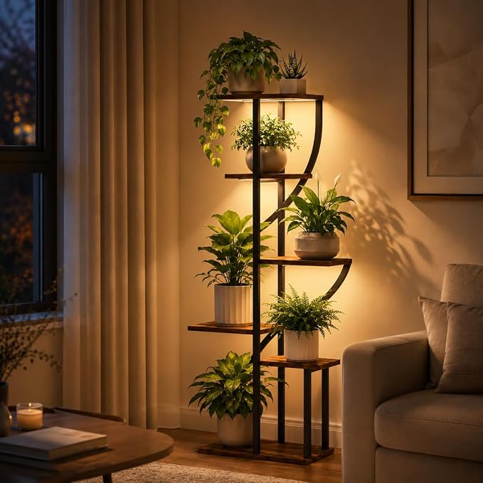 Plant Stand Indoor with Grow Light, 51" Tall Plant Stand for Multiple Plants, 6 Tiered Plant Shelf Indoor, Corner Metal Flower Plant Holder Display Rack for Living Room, Patio Decor