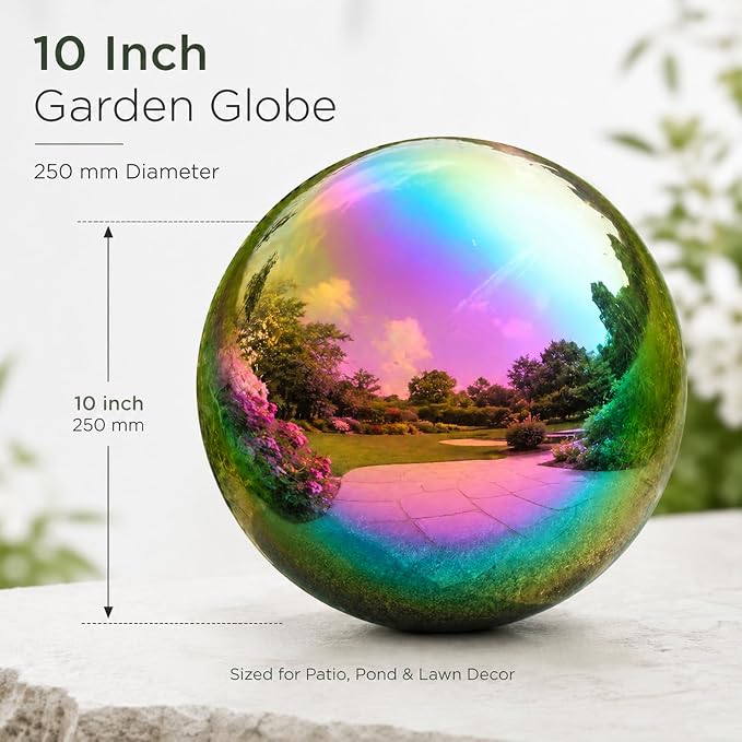 Gazing Ball Garden Mirror Outdoor - 10Inch Outside Decorative Globe Rainbow | Metal Polished Reflective Sphere, Stainless Steel Hollow Decoration Ornament for Home Pond Swimming Pool Housewarming Gift