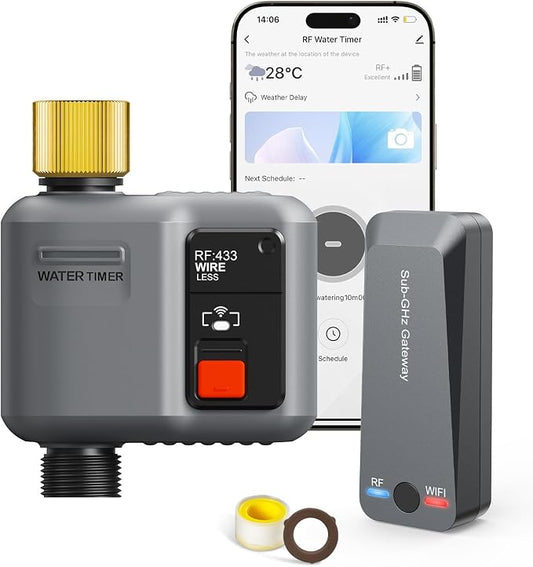 WiFi Water Timer for Garden Hose, WiFi Sprinkler Controller with 984ft RF Range, Strong Wall Penetration, Alexa & Google Voice/App Control WiFi Hose Timer with Rain Delay, Manual Mode
