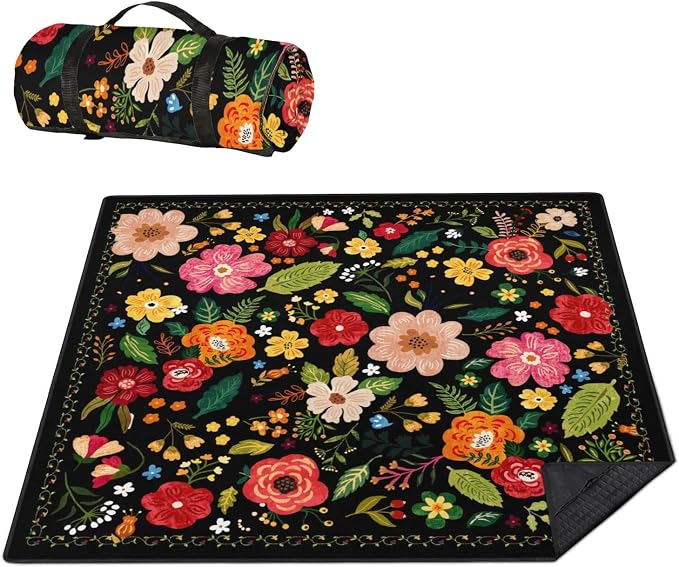 Picnic Blankets Waterproof Foldable Extra Large,80"x 80" Outdoor Beach Blanket Sandproof,3-Layer Lightweight Handy Mat Tote Picnic Camping Rugs for Outside Your Rv (Boho Vintage Floral Black)