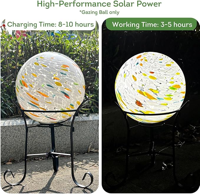 Lily's Home Gazing Ball - 7.68" Glass Globe with Solar Powered Lights - Outdoor Solar Lights for Yard & Patio - Garden Decor - Automatic On/Off Photosensitive Switch - White