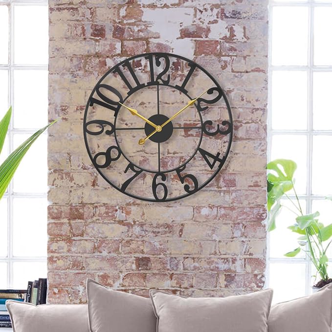Large Outdoor Clock for Patio - Black Metal Art Arab Decorative Clock for Farmhouse, Kitchen, Porch, Pool Side, Deck, Modern Wall Clock Silent Battery Operated - 16 Inch