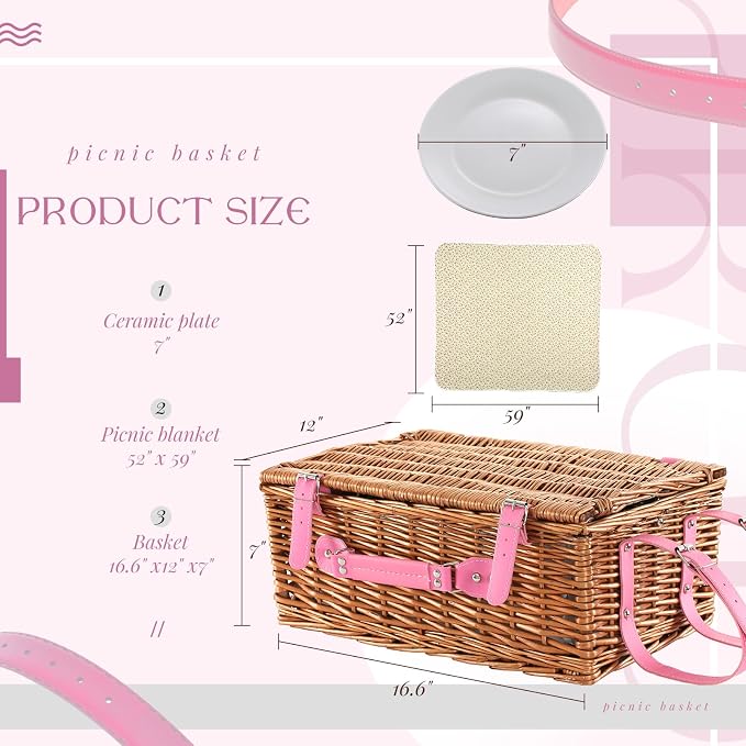 Picnic Basket Set for 4 with Waterproof Blanket Mat Insulation Bag Wicker Pink Floral Classic Fresh Gift for Christmas Thanksgiving Wedding Birthday Camp Outdoor Beach Travel