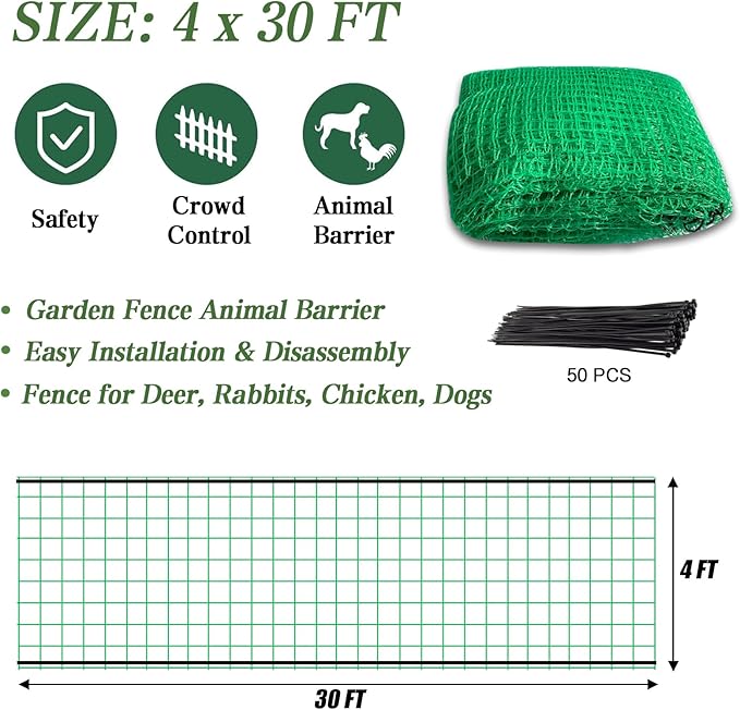 Garden Fence Temporary Fence, 4'x30' with 50 Zip Ties, Plastic Fencing Safety Fence Snow Fence, Construction Fencing for Garden Fencing, Animal Barrier, Poultry, Deer, Patio, Green