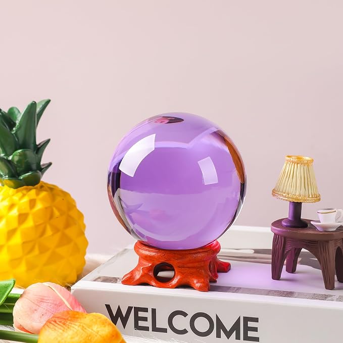 Modaier Purple Crystal Ball 80mm with Wooden Stand and Gift Box for Magic,lensball Photography,Family Decorative,Fortune Teller,Feng Shui,Witchcraft,Witchy Gifts,Witch Decor,and Halloween Decor