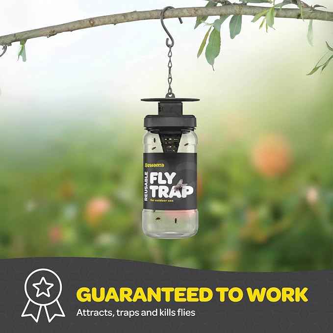 Outdoor Fly Trap [4 Pack] Fly Traps Outdoor with Dissolvable Non-Toxic Bait - Fly Repellent for Outdoor Use Only - Controls Flies for Patios, Barns, Ranches Etc. Hanging Fly Traps with Tie Included