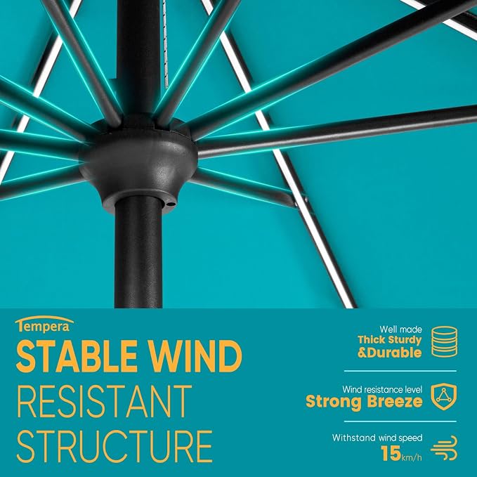Tempera Solar Patio Umbrella 40 LED Lighted Outdoor Umbrella Table Market Umbrella with Push Button Tilt and Crank, Solar Umbrella with Sturdy Pole&Fade Resistant Canopy, Easy to Set