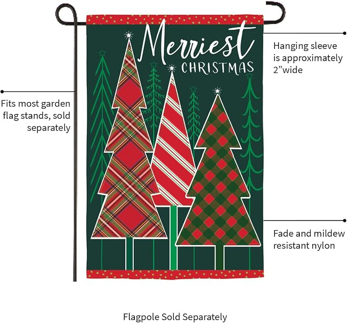 Evergreen Flag Merriest Christmas Tree Applique Garden Flag | 12x18 Inches Double Sided Christmas Garden Flag for Outside | Weather and Fade Resistant | Outdoor Flag Décor for Home, Yards and Gardens