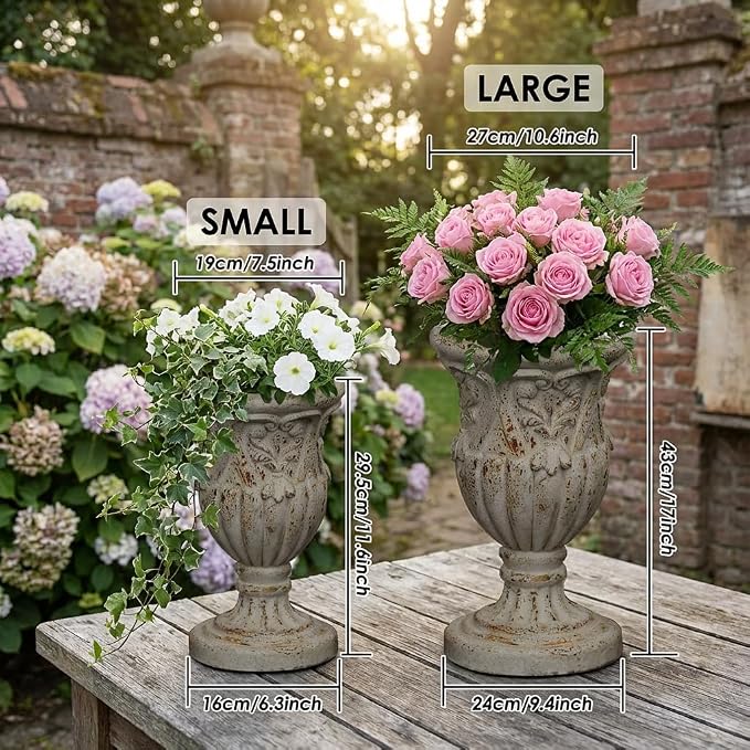 17 Inch Vintage Planter for Outdoor Plants, Embossed Design Durable and Sturdy Resin Fiber Flowerpots with Drainage Hole, Decorative Orchid Houseplant Pot Indoor Outdoor Plant Container