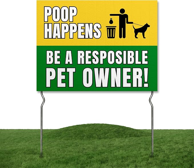 Poop Happens – Be a Responsible Pet Owner! Yard Sign by DC | 24"x18" Double Sided Pets Garden Sign with 13” Metal Stakes | Outdoor Signs Waterproof for Lawn, Patio, Sidewalk & House | Set of 5