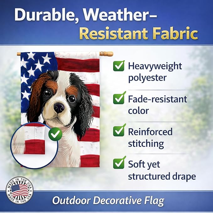 Caroline's Treasures CK6482CHF Cavalier Spaniel American Flag House Flag Large Porch Sleeve Pole Decorative Outside Yard Banner Artwork Wall Hanging, Polyester, House Size, Multicolor
