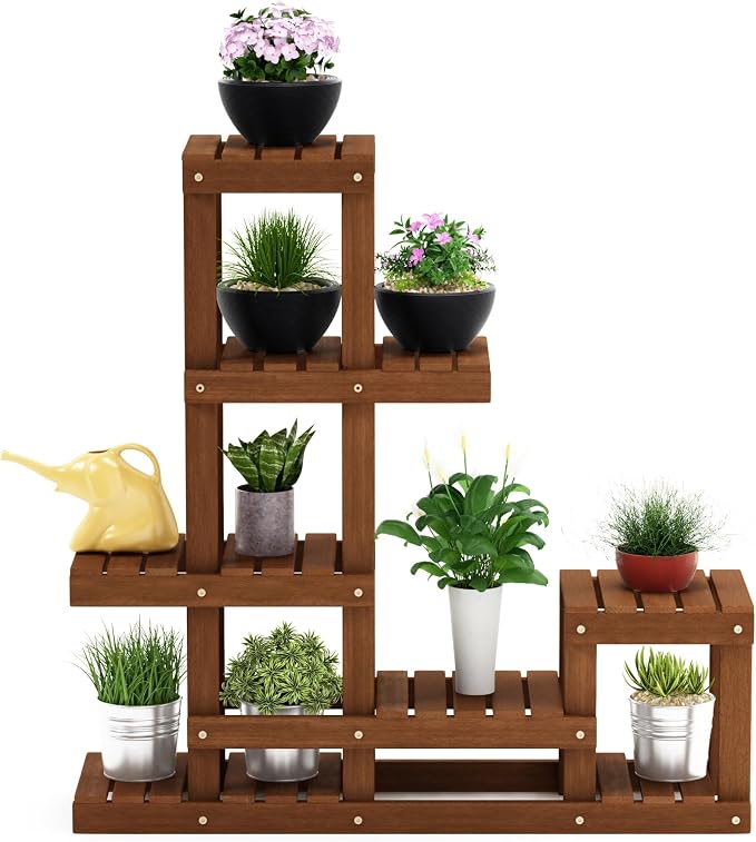 Furinno TIOMAN Plant Stand Outdoor, Multiple Tier Plant Shelf, Tiered Plant Stand Indoor, Outdoor, Patio, Garden, Balcony, Light Wood