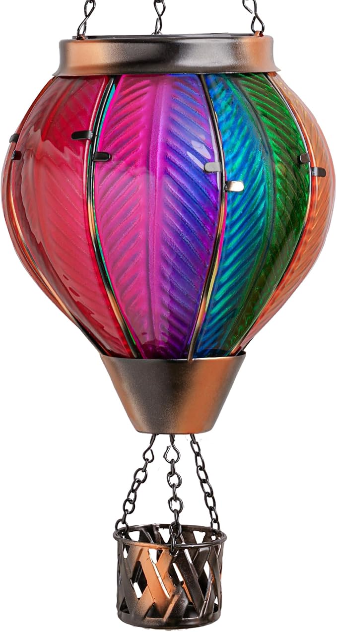 Larekook Rainbow Solar Hot Air Balloon Lantern with Flickering Flame Light,Glass Outdoor Garden Decor,Hot Air Balloon Solar Lantern Outdoor Waterproof Hanging Light for Yard Patio Porch Lawn