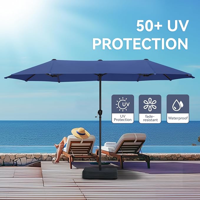 GREEN PARTY 13ft Rectangle Patio Umbrella, Double Sided Outdoor Table Umbrella with Crank & 1.5" Pole, Large Market Umbrella for Poolside Garden Deck Backyard, Haze Blue
