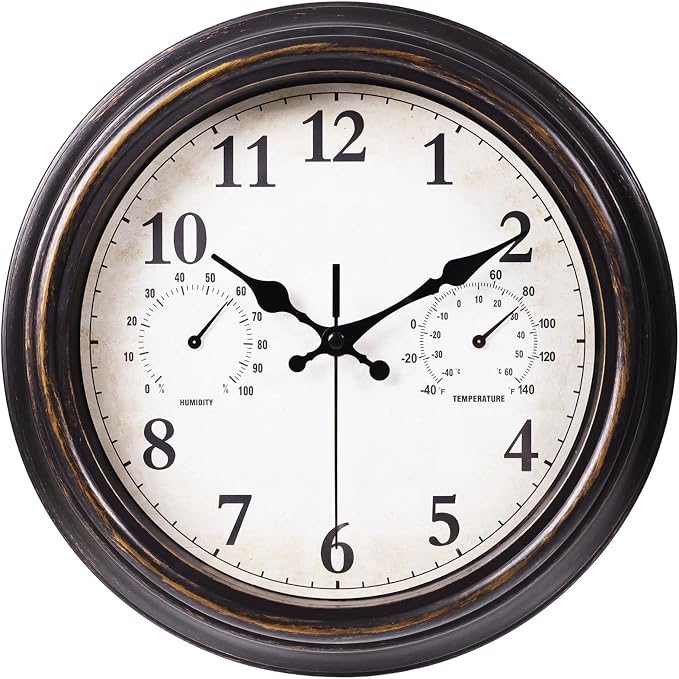 JoFomp Outdoor Clocks for Patio, Large 12 inch Outside Wall Clock Waterproof with Thermometer and Hygrometer Combo, Round Silent Battery Operated Wall Clock for Home, Pool, Garden