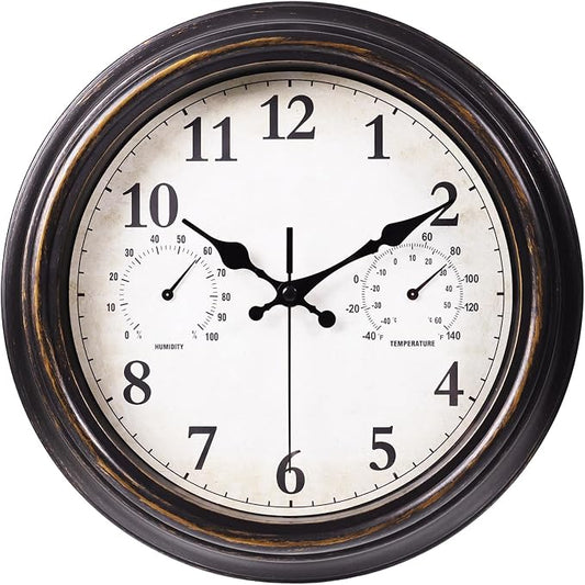JoFomp Outdoor Clocks for Patio, Large 12 inch Outside Wall Clock Waterproof with Thermometer and Hygrometer Combo, Round Silent Battery Operated Wall Clock for Home, Pool, Garden